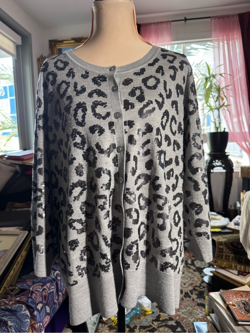 Halogen for Encore 2X Gray Black Sequin Leopard Print Long Cardigan